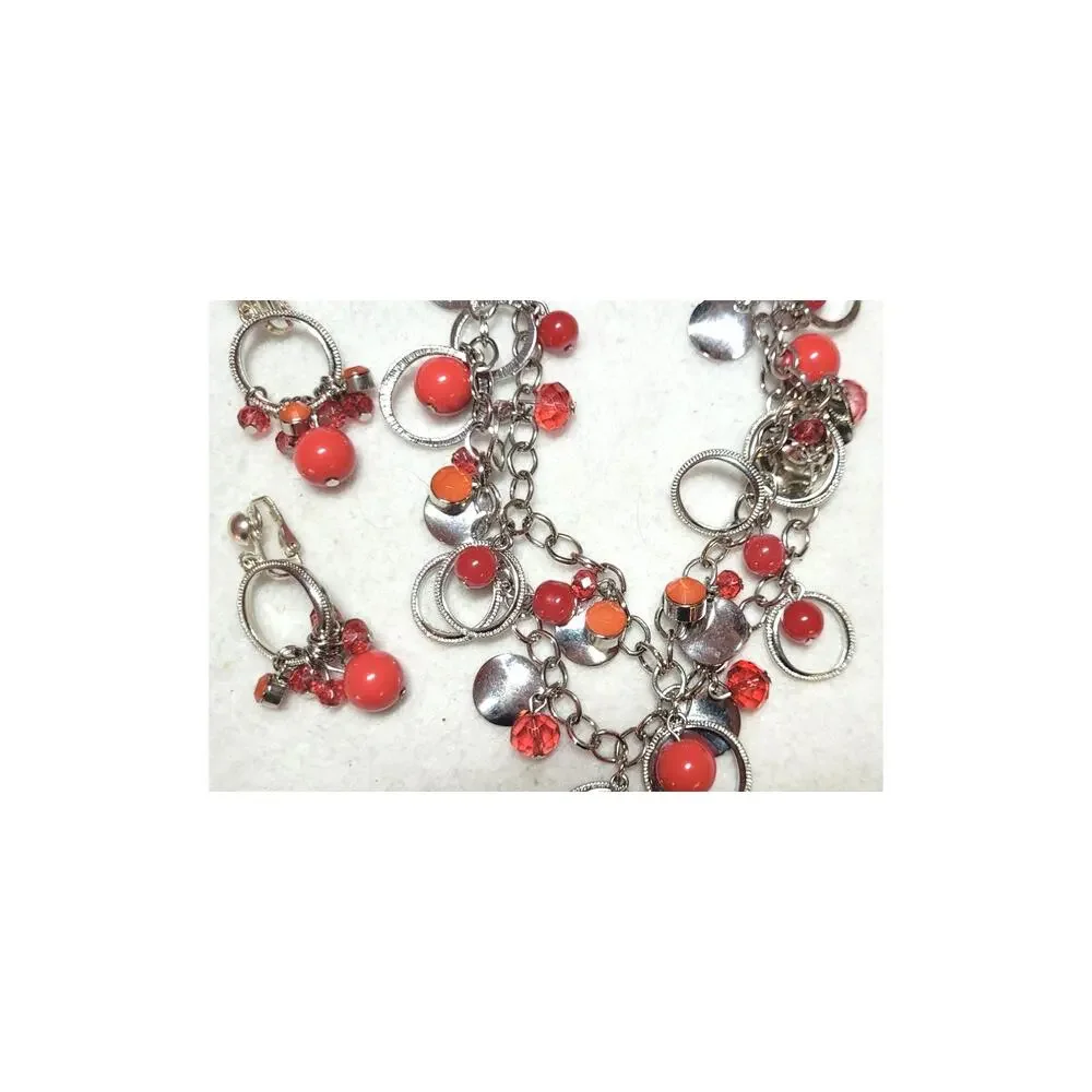 Red Glass Beaded Statement Necklace Clip On Earrings Set Multistrand Silvertone